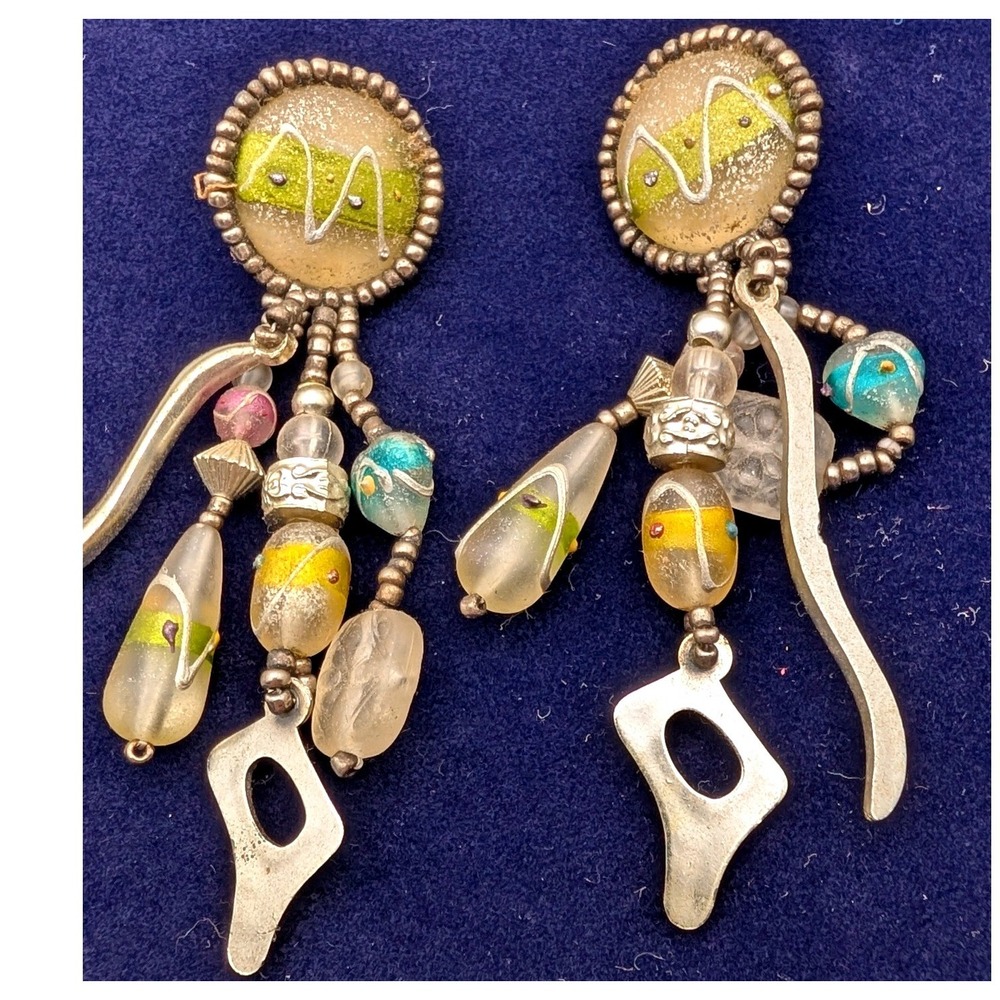 Handmade Artisan Mixed Media Dangle Earrings Glass Bead Silver Tone Abstract